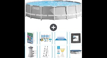 Intex Rond Prism Frame Zwembad - 427 x 107 cm - Grijs - Inclusief Pomp - Ladder - Grondzeil - Afdekzeil - Onderhoudspakket - Vloertegels - 9-delig
