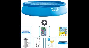 Intex Rond Opblaasbaar Easy Set Zwembad - 457 x 107 cm - Blauw - Inclusief Pomp - Ladder - Grondzeil - Afdekzeil Onderhoudspakket - 8-delig