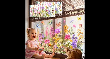 2 Sets Bloementuin raamstickers, kleurrijke muurstickers met vlinders en bloemen, statische stickers met wilde bloemen en grassen, voor glas, woonkamer, slaapkamer, huis, kantoor en wanddecoratie, 30 x 60 cm, Stijl A