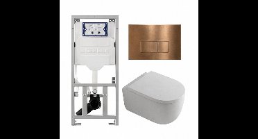 QeramiQ Dely Swirl Toiletset - 36.3x51.7cm - diepspoel - rimless - Geberit UP320 inbouwreservoir - met Burda frame - 35mm zitting - koperen bedieningsplaat - rechtehoekige knoppen - wit mat