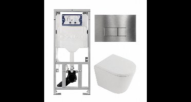 QeramiQ Dely Toiletset - 36.3x51.7cm - diepspoel - rimless - Geberit UP320 inbouwreservoir - softclose toilet zitting 35 mm - steel bedieningsplaat - rechthoekige knoppen - mat wit