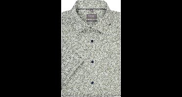 OLYMP Luxor comfort fit overhemd - korte mouw - dobby - wit met olijfgroen bloemetjes dessin - Strijkvrij - Boordmaat: 45