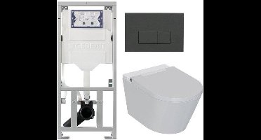 QeramiQ Luma Douche WC Set - Geberit UP320 inbouwreservoir - met Burda frame - fohn - ladydouche - bedieningsplaat mat antraciet - rechthoekige knoppen - glans wit