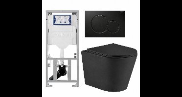 QeramiQ Dely Toiletset - Geberit UP320 inbouwreservoir - met Burda frame - zwart glanzende bedieningsplaat - toilet - zitting - mat zwart