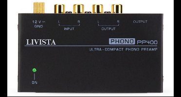 Livista premium platenvoorversterker – geschikt voor platenspelers – met RIAA-correctie – RCA audio-in- en uitgang – metalen behuizing – zwart