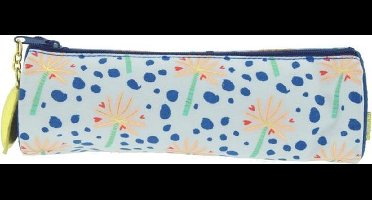 Etui Palms&Pizza Rond. met "Palms&Pizza" bedrukking, blauwe rits en kwastje. 20x6x6cm K-5820120032