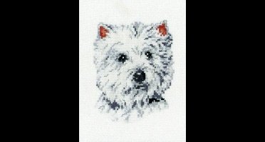 Pako Borduurpakket met tel patroon - Westie een wit hondje - 210.851 - voorgesorteerd garen - Aida - 13 x 17 cm - DIY kit