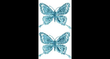 Kerstboomversiering Vlinder - 10x - 14 cm - blauw glitter - op clip - ornament