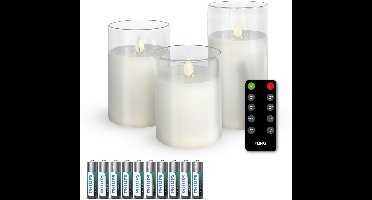 FlinQ LED Kaarsen met Bewegende Vlam in Smoked Glass - Inclusief Batterijen en Afstandsbediening met Timer en Dimfunctie - Nep Kaarsen met Flikkerende Vlam - Dinerkaarsen - 3 stuks - Transparant