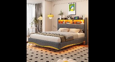 Gestoffeerd Tweepersoonsbed 140x200 cm – Medahomestore Luxe Zwevend Bed met LED-verlichting en USB Type-C, Hoofdeinde met Opbergfunctie, Lattenbodem, Drijvend Bedframe, Grijs Linnen, Zonder Matras – Modern Art Deco Design