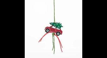 Gelukskerstauto Hout – Rood Autootje met Kerstboom op het Dak – 10 stuks