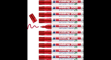 edding 3000 permanent marker - rood - 10 stiften - ronde punt 1,5-3 mm - water en wrijfvast - voor karton, kunststof, hout, metaal, etc. - alcohol markers voor volwassenen