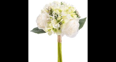 Emerald - Kunstbloem Hortensia Roos Bundel 32cm créme/groen - Kunstplant voor binnen