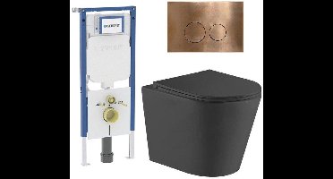 QeramiQ Dely Toiletset - 36.3x51.7cm - diepspoel - rimless - Geberit UP720 inbouwreservoir - softclose toiletzitting - koperen bedieningsplaat - ronde knoppen - zwart mat