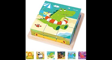 Japace Kubuspuzzel, 3D-fotokubus, puzzel, 6-in-1 dierenmotieven, houten puzzel voor kinderen vanaf 1, 2, 3, 4 jaar, Montessori, educatief speelgoed, cadeau voor jongens en meisjes