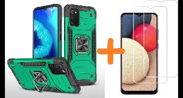Hoesje Geschikt Voor Samsung Galaxy A02s Hoesje Heavy Duty Armor Hoesje Groen - Galaxy A02s Case Kickstand Ring cover met Magnetisch Auto Mount- Hoesje Geschikt Voor Samsung Galaxy A02s screenprotector 2 pack
