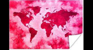 Poster Wereldkaart - Rood - Roze - 30x20 cm