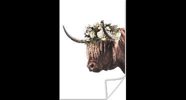 Poster Schotse Hooglander - Bloemen - Wit - 20x30 cm