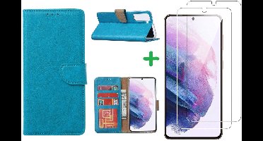 Hoesje Geschikt Voor Samsung Galaxy S21 hoesje bookcase Blauw - Hoesje Geschikt Voor Samsung Galaxy s21 hoesje bookcase wallet case portemonnee book case hoes cover hoesjes met 2 stuks Screenprotector