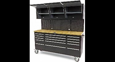 HBM 182 cm Werkbank met Kastenwand en Houten Blad Zwart