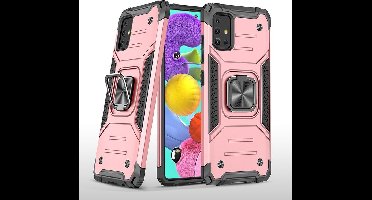 Hoesje Geschikt Voor Samsung Galaxy A51 Hoesje - Heavy Duty Armor hoesje Rose Goud - Galaxy A51 silicone TPU hybride hoesje Kickstand ringhouder met Magnetisch Auto Mount