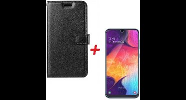 Ntech Hoesje Geschikt Voor Samsung Galaxy A70/A70s Portemonnee hoesje Zwart Met Glazen screenprotector