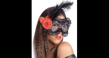 Oogmasker met zwart kant, roos en veren deluxe