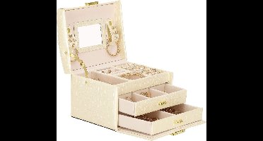Springos Sieradendoos -Juwelendoos - Sieradenopberger - Spiegel - Creme -17,5X14X13 CM