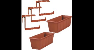Set van 3 kunststof plantenbakken terracotta rechthoekig 40 cm met 6 verstelbare railing balkonbeugels