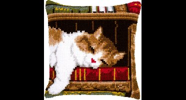 Vervaco - Kruissteekkussen kit - Slapende kat op boekenrek - PN-0146409 - Borduren - Borduurpakket - Borduurpakket volwassenen - Borduurpakket kind