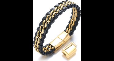 HALUKAKAH ● Solo Zilver/Eer Goud/Nachtwacht Zwart ● Mannen Echt Leder Armband Titanium Dubbele Ketting Magnetische Sluiting 21.5-23cm met Gratis Geschenkdoos