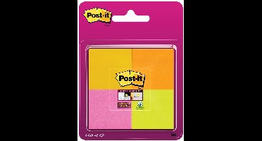 Post-it® Super Sticky Notes, Sprankelende kleuren, 47,6 x 47,6 mm -neon geel, neon roze, neon oranje, neon groen, 4 blokken