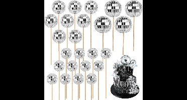 24 stuks taartdecoratie met discobol en spiegelballen voor disco themafeest - dans en muziek decoratie