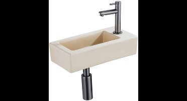 FugaFlow Efficiente Pietra Fonteinset - 37.5x18.5x9cm - keramiek - kraangat rechts - fonteinkraan gunmetal - afvoerplug - verlaagd sifon - Mat Beige