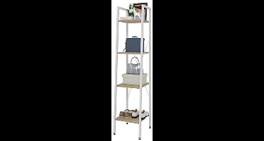 eSituro Heavy Duty 4-Tier Opbergplanken Ladder Boekenplank Industriële Boekenkast Rekken Unit Stand met Wit Metalen Frame Licht Eiken Houten Planken 34x35x148CM SSTR0041