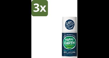 Happy Earth – Deodorant Roll-On – 100% Natuurlijk Men Protect – 75 ml - Bulkverpakking - 3 stuks