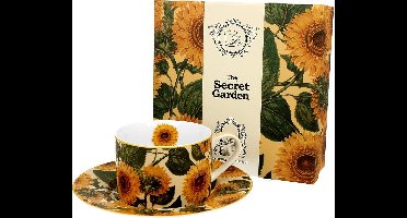 Kopje en Schotel Set Secret Garden Zonnebloemen New Bone China Porselein 240 ml - Geschenkverpakking