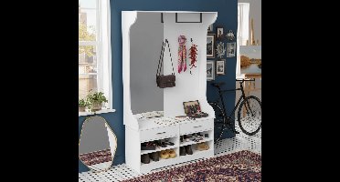 Kapstokmeubel Wit - ADFBL - Halmeubel met Spiegel, Zitbank en Schoenenrek - Garderobekast met 4 Jashaken, Kledingroede en 2 Lades - 104cm Breed - Wit