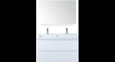 Vogue Badmeubelset 100 cm - Greeplijst in Kleur - Wit Hoogglans - Keramische Wastafel Wit 2 Kraangaten met Spiegelkast