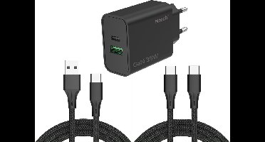 Ntech - USB C Adapter 35W - USB C Oplader Zwart - USB C Adapter 35W & USB-A 30W met 2x USB C kabel - 2 Poorten voor - USB C Lader - Universeel o.a. Telefoons & Laptops