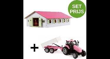 Kids Globe SET Paardenstal schaal roze 1:32 +tractor met aanhanger roze