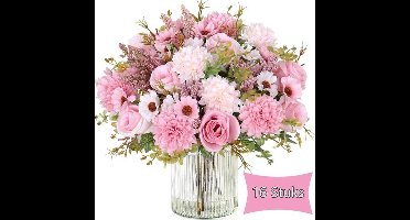 16 Bundels Kunstbloemen Kunstbloemen Als Echte Kunstboeket Zijden Kunstrozenboeket Kunstzijden Bloemen Roze Bloemen Voor Bruiloft, Feest, Huis, Keukendecoratie