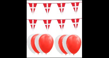 Denemarken feestpakket Big- 6x Vlaggenlijn 10 meter + 100 ballonnen rood/wit - Versiering Slinger Feestdecoratie Decoratie