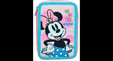 Disney Minnie Mouse Gevulde Etui - 28 stuks - Dubbellaagse pennenzak - 1 set - Voor kinderen - Voor meisjes - Roze - Blauw