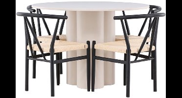 Olivia eethoek tafel Ø110cm en 4 stoelen met armleuningen stapelbaar beige.
