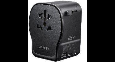 UGREEN 65W GaN Reisadapter voor 200+ landen. Met 4-in-1 stekkers (EU/UK/US/AU), USB-C/A-poorten. Compact en veilig design. Jouw ideale reisgezel voor werk of vakantie