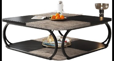 Koffietafel – Salontafel – Bijzettafel – Woonkamertafel – Dubbel Blad – Met Opbergruimte – Met Verstelbare Voetjes - 100 x 100 x 50 cm - Zwart Rustiek Grijs