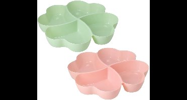 Snackschaal / serveerschaal bloem - set 2x - met vakverdeling - roze / groen - kunststof - D32 cm - Serveerschalen
