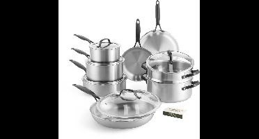 Greenpan Venice Pro Noir RVS 14-delige pannenset zonder coating - inductie pannenset - gemengde pannenset - met glazen deksels - ovenbestendig tot 220 graden