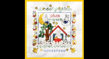 Pako Borduurpakket geboorte - telpatroon met code kaart - Nijntje Pluis Dick Bruna geboortetegel - 230.277 - voorgesorteerd garen - Aida - 38 x 38 cm - DIY kit